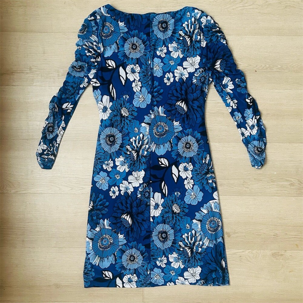 INC International Concepts Dress Womens M Blue Floral Ruched V-Neck - Picture 5 of 6